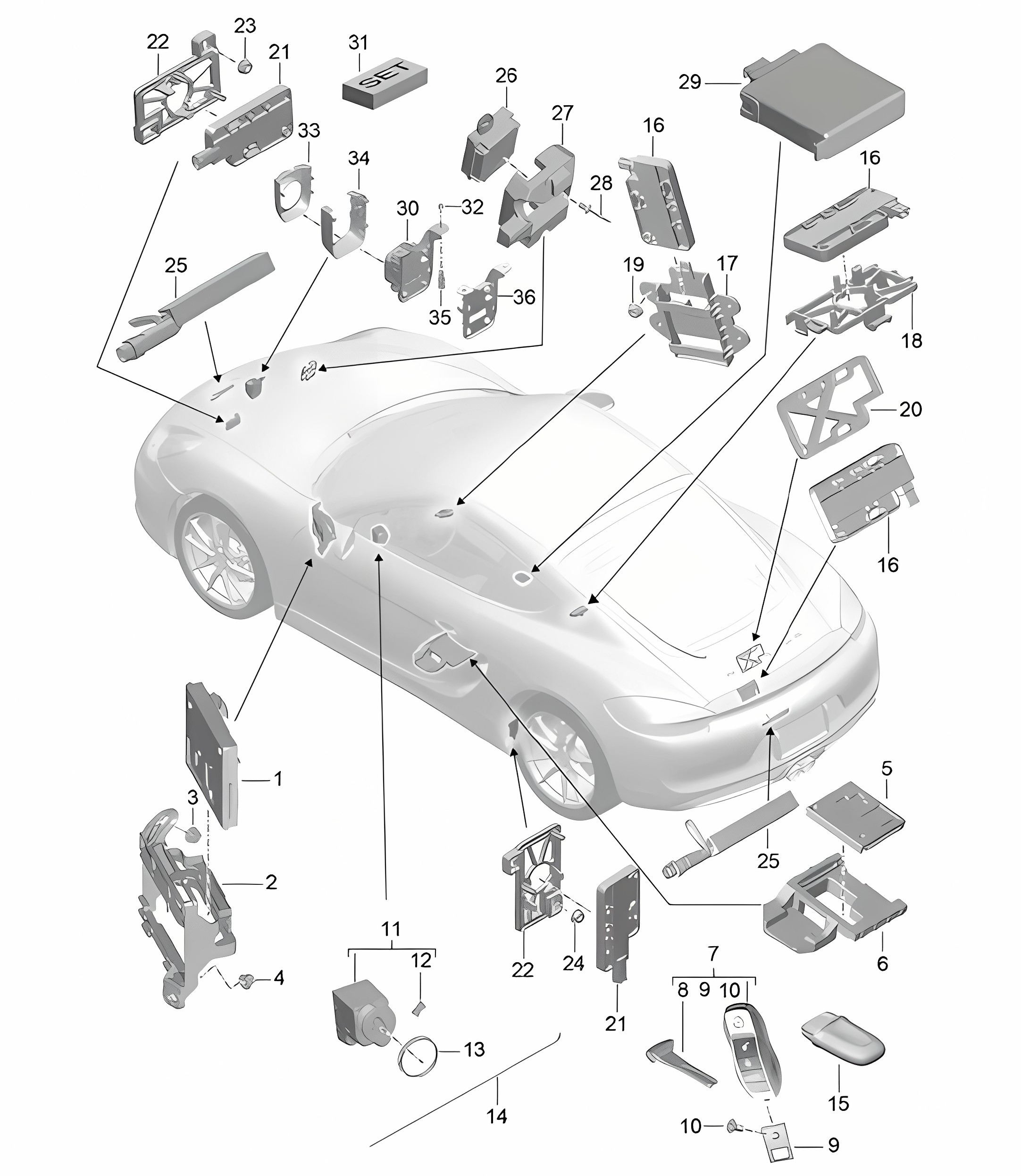Control units / Electronics / Front end / Rear end / Handheld transmitter / Ignition/starter switch / Aerial / Garage door opener / Sensor / Interior monitoring 981C Cayman / Cayman S 2014-16