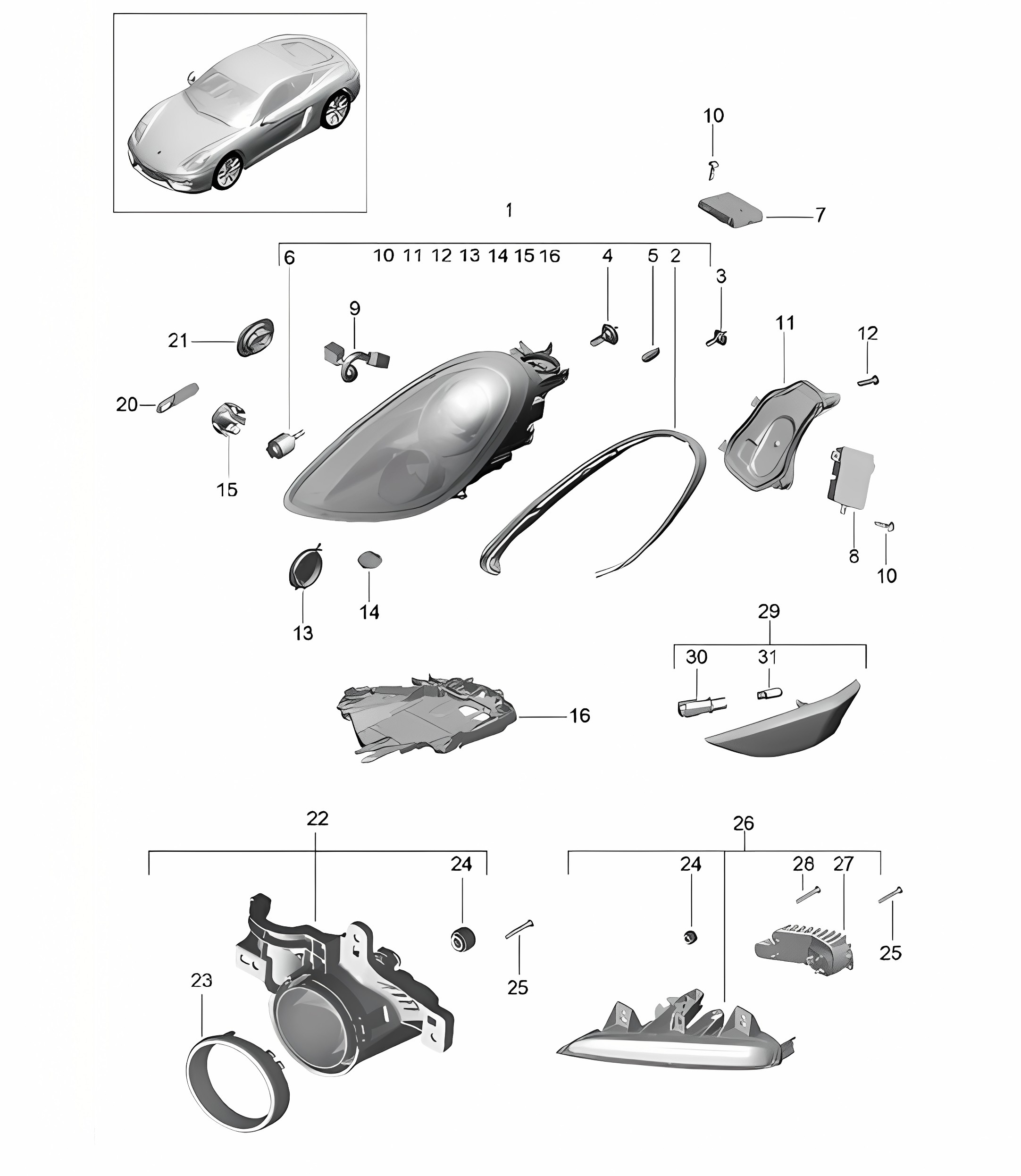 Headlights with: Dynamic cornering light / Additional headlight / Turn signal indicator / side marker light / Turn signal repeater (PR:603,620) 981C Casyman / Cayman S 2014-16