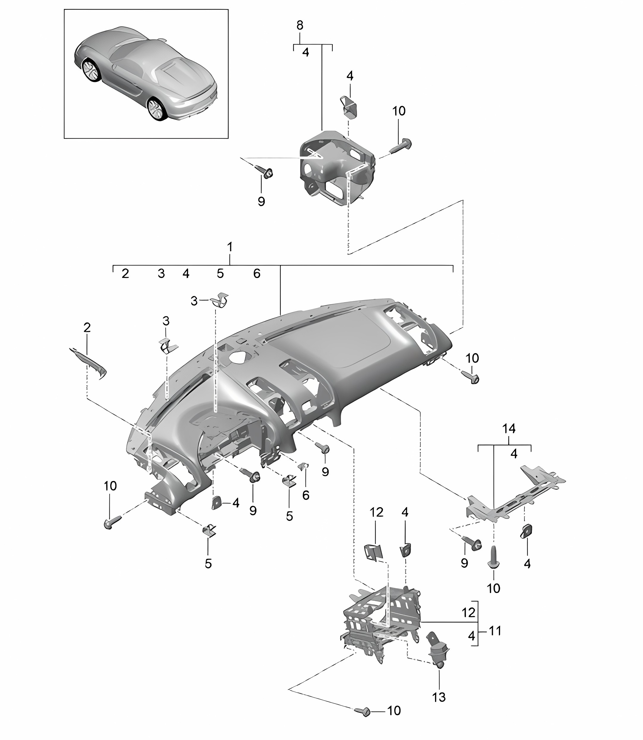 Instrument panel trim / Upper part with: Fasteners 981.Sp Boxster Spyder 2016