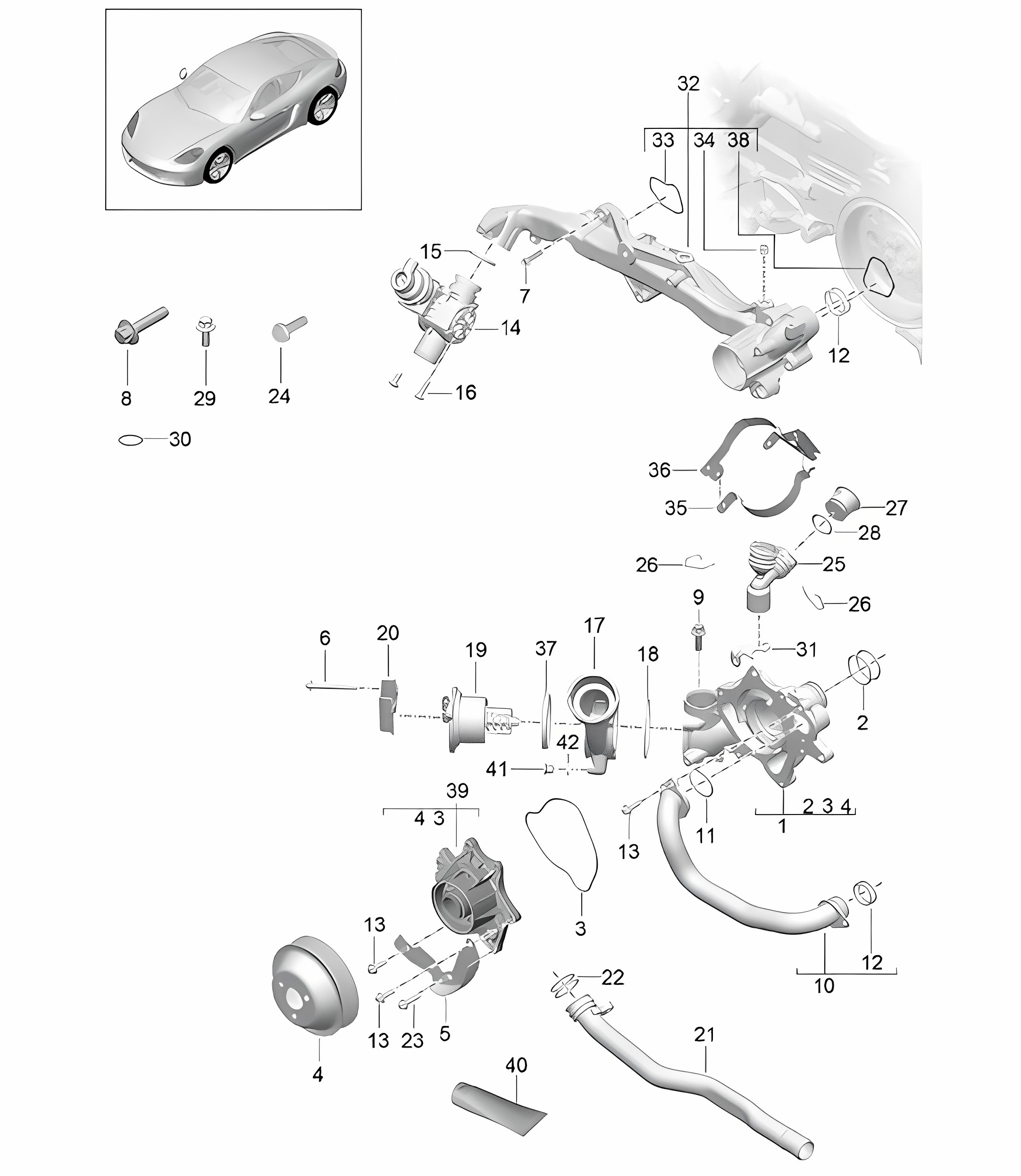 Coolant cooling system / Coolant pump / Thermostat housing / Assembly carrier 718C (982C) Cayman 2017>>