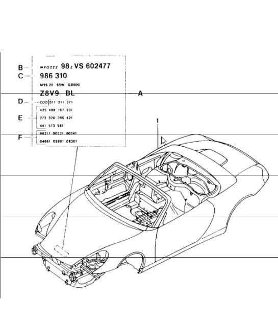 body in white (prime coated sealed with underbody protection with doors/lids/wings) 986 Boxster 1997-04