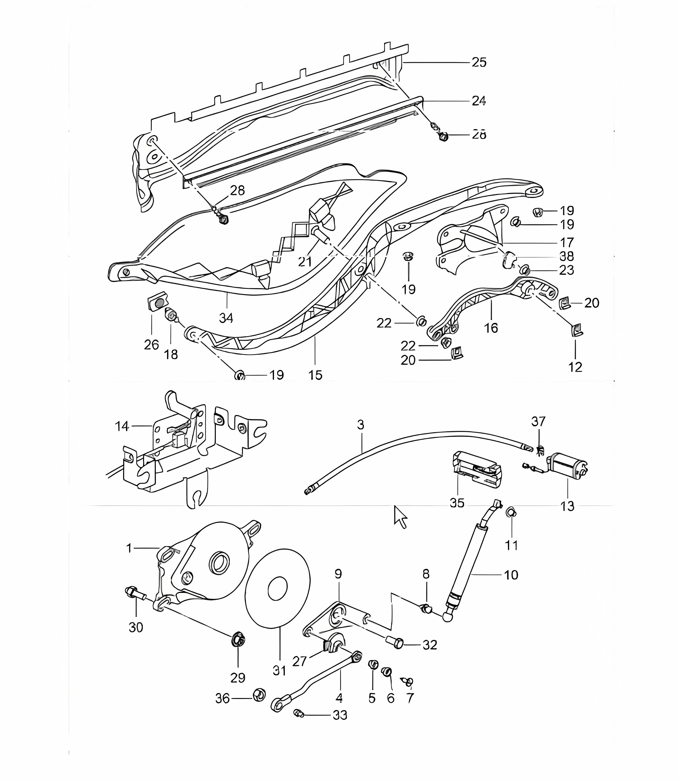 driving mechanism, convertible top, convertible top compartm., lid for 986 Boxster 1997-04