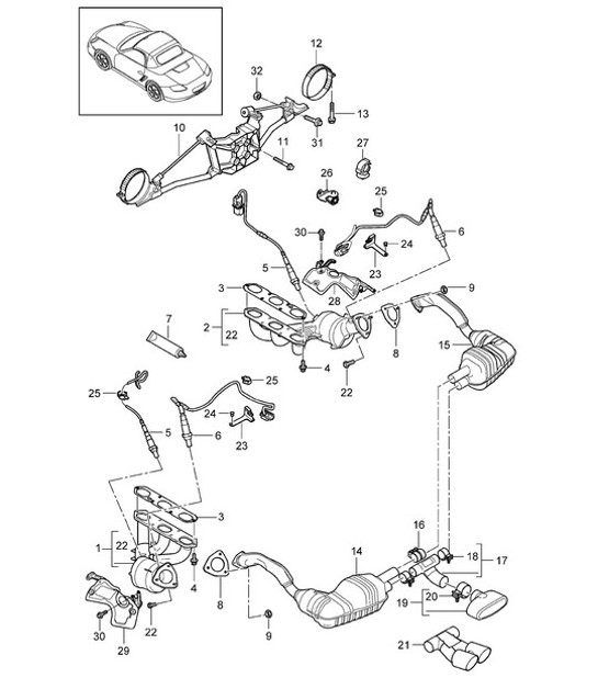 Diagram 202-000 Porsche 955 Cayenne 3.2L V6 2003-06 Fuel System, Exhaust System
