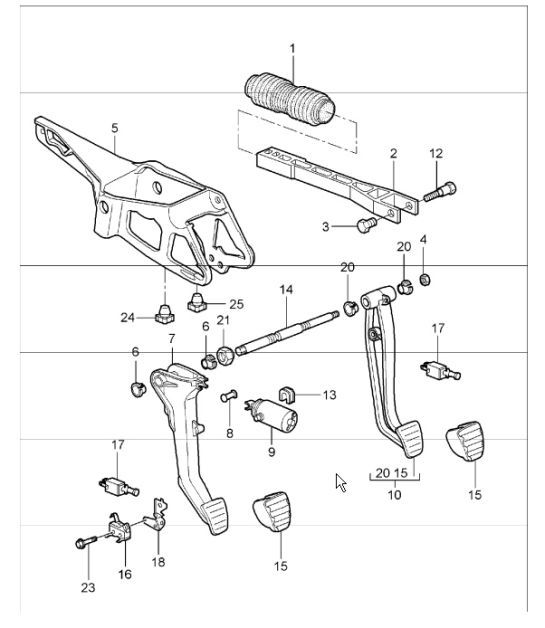 Diagram 702-00 Porsche 955 Cayenne 3.2L V6 2003-06 Hand Lever System, Pedal Cluster 