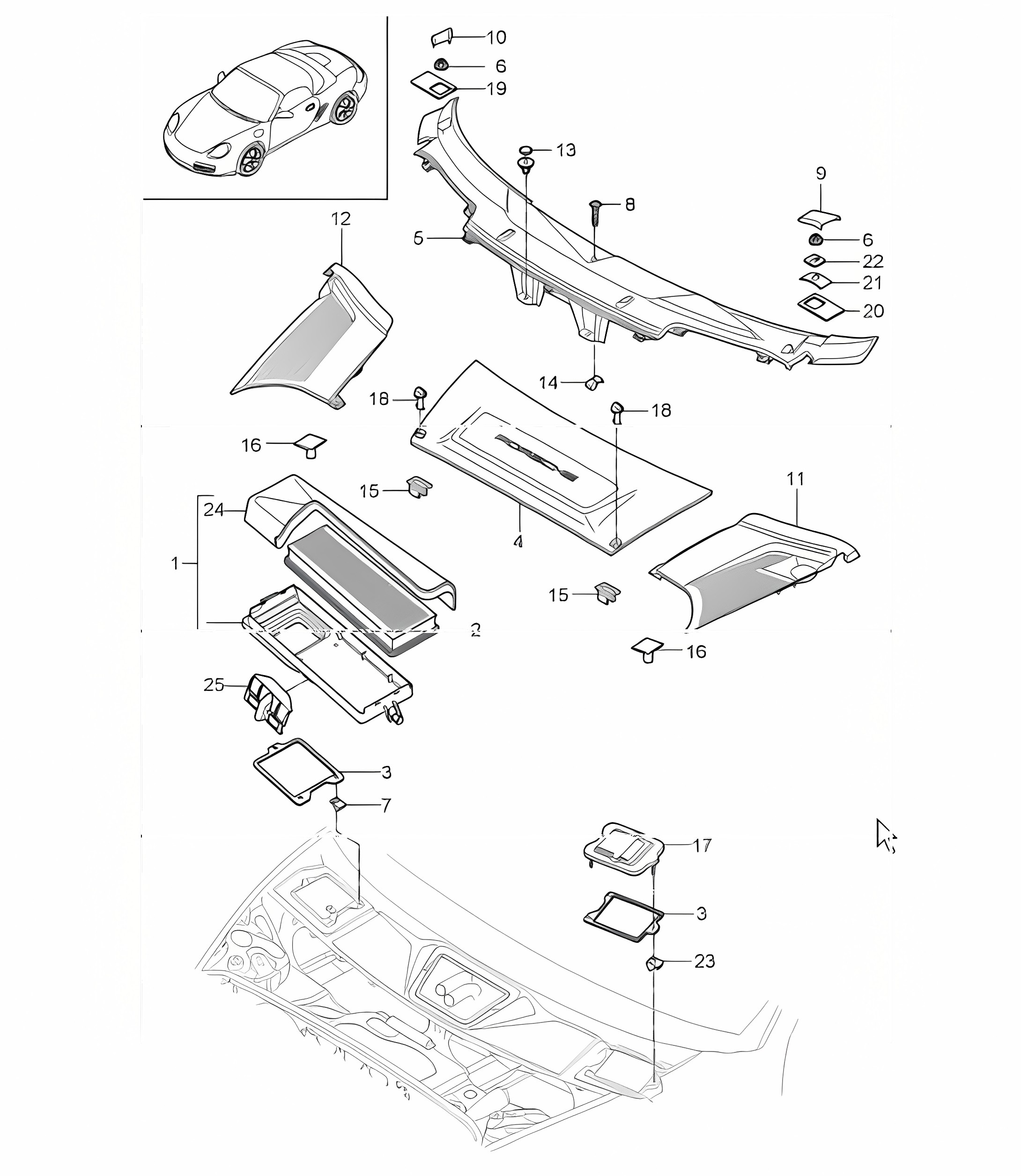 particle filter, cowl panel covering 987 Boxster / Boxster S 2005-08