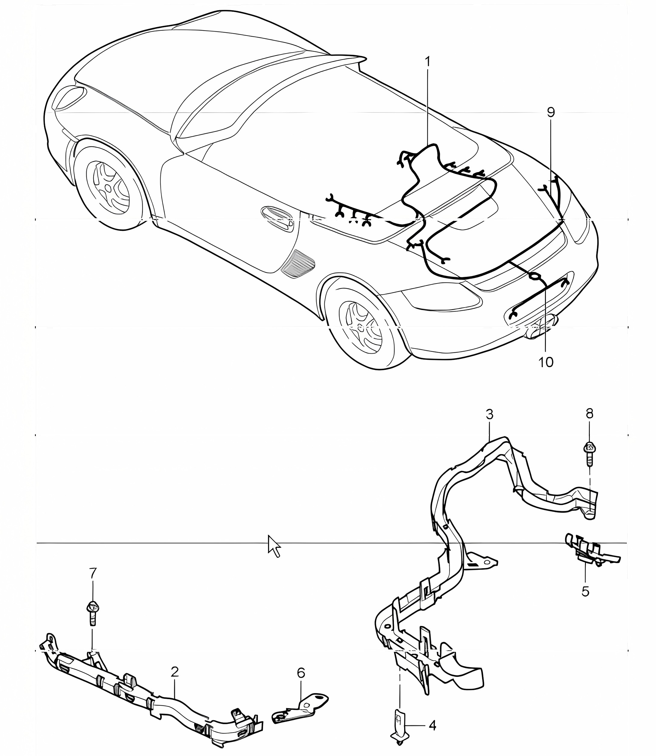 wiring harnesses: engine, rear end, license plate light, ParkAssist, repair kits for shock absorber, anti-lock brake system, brake pad wear indicator and rear axle 987 Boxster / Boxster S 2005-08