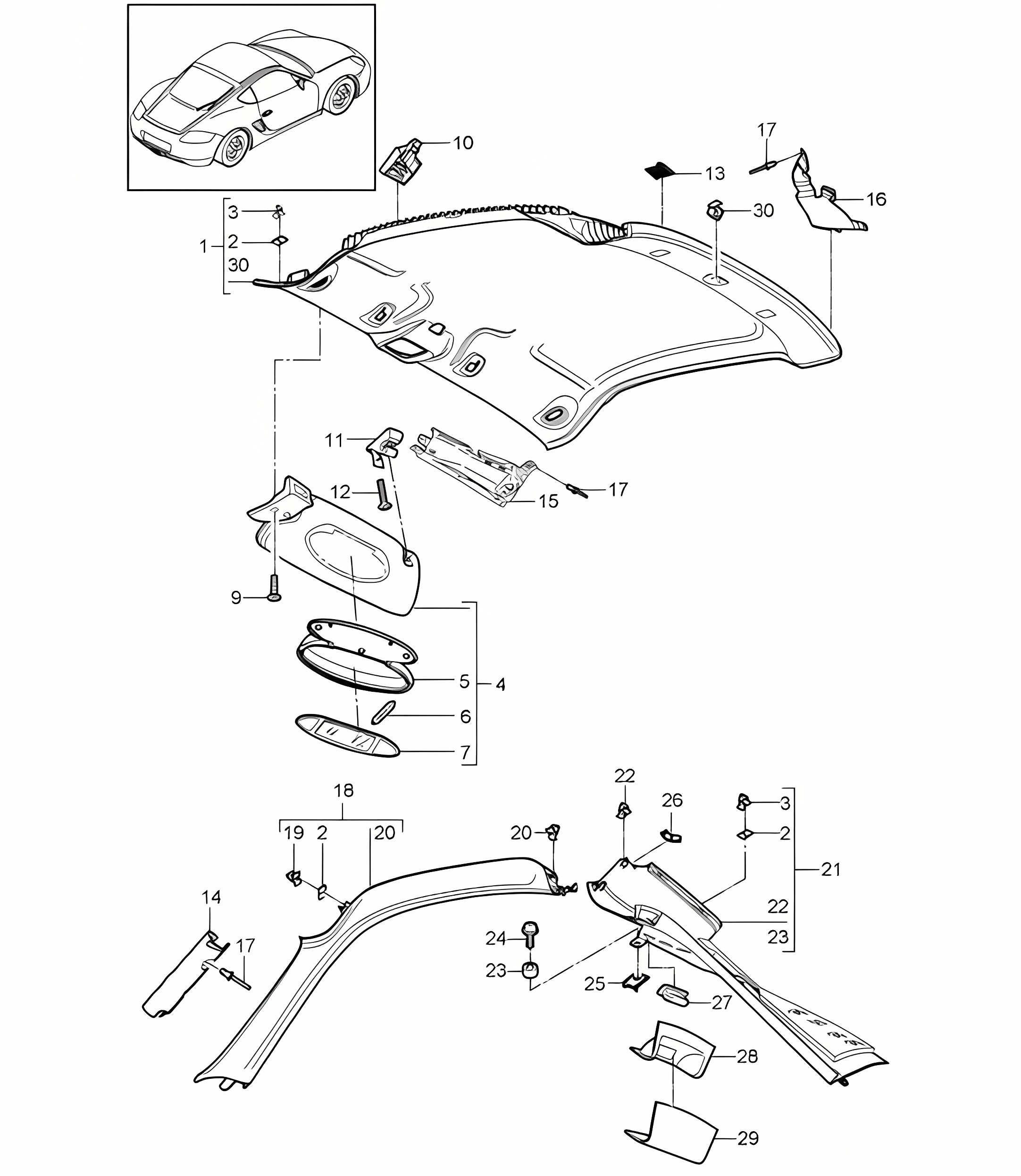 Roof trim / Sun vizors / A-pillar / C-pillar 987C.1 Cayman 2006-08
