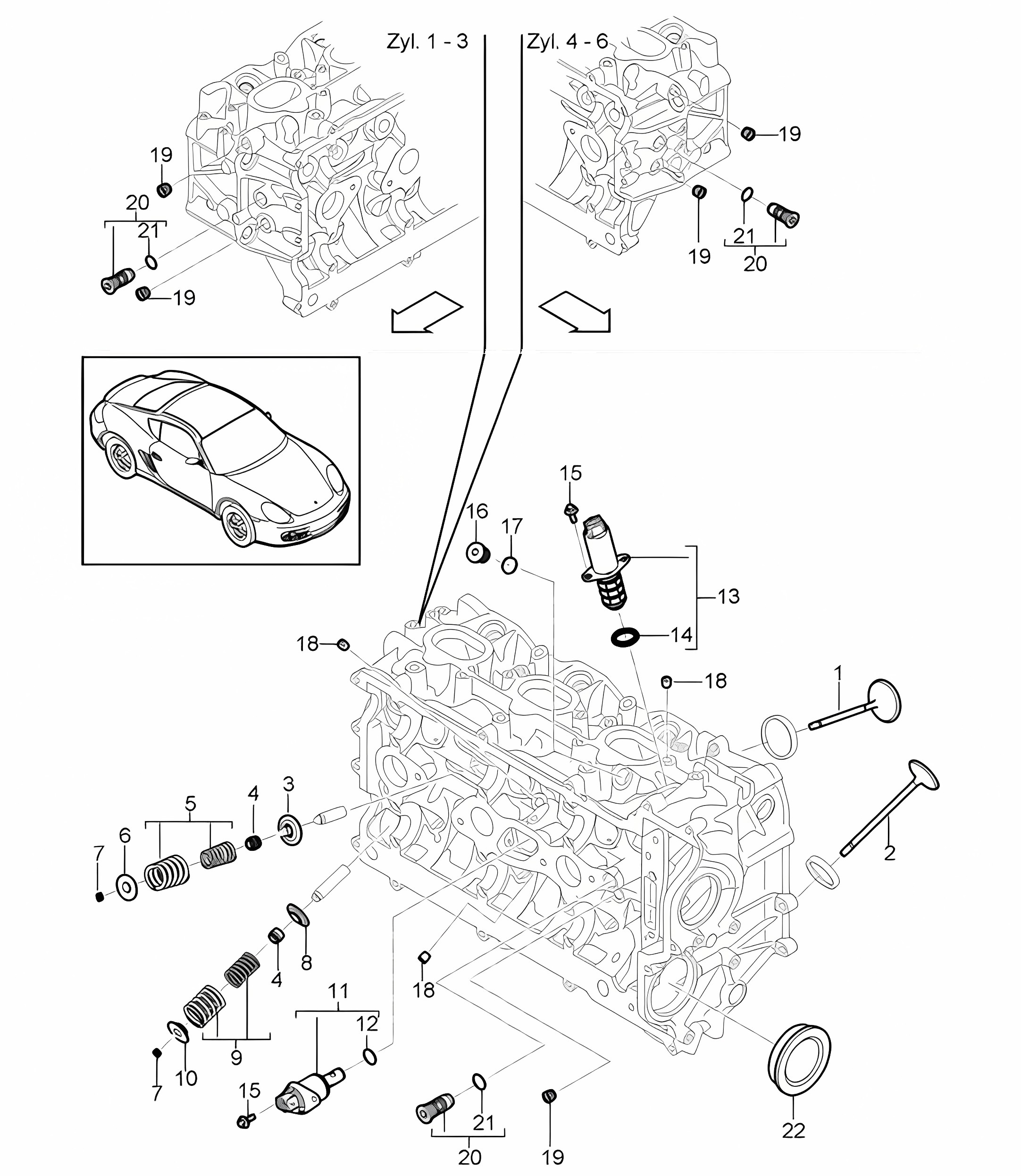 Cylinder head / Accessories / Valves  (Model: A120,A121) 987C.2 Cayman 2009-12
