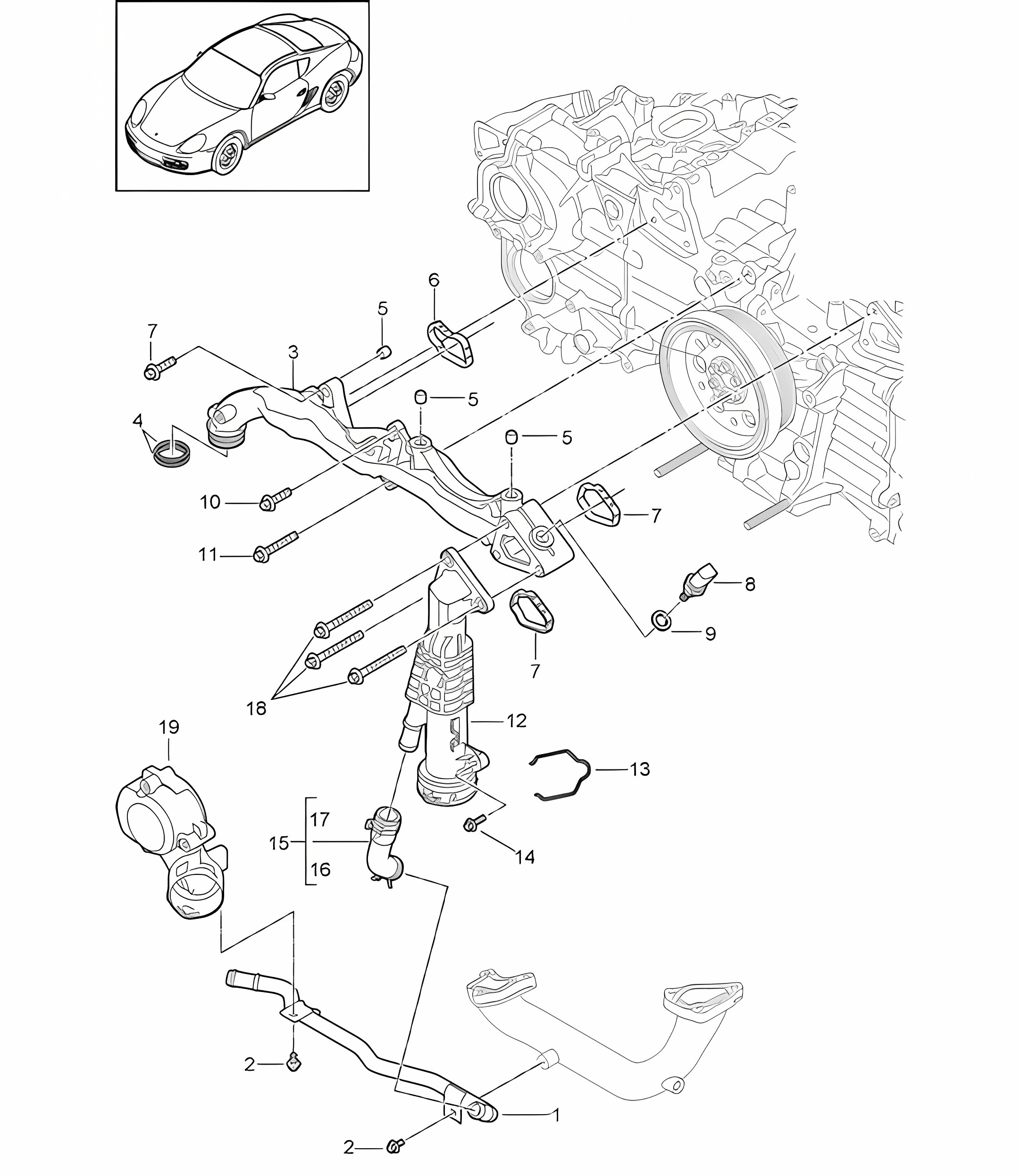 Assembly carrier / Water pipe  (Model: A120,A121) 987C.2 Cayman 2.9L / 3.4L 2009-12