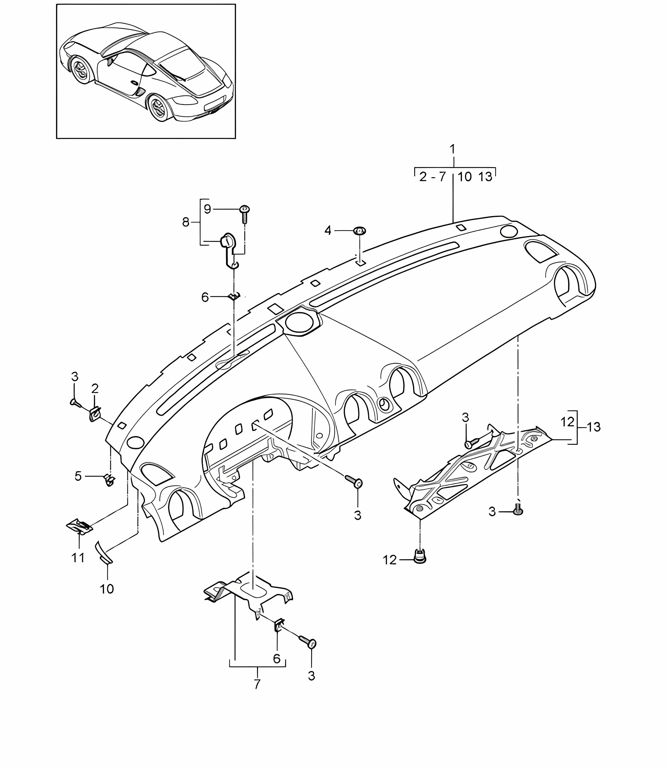 Instrument panel trim / Upper part with: Fasteners 987C.2 Cayman 2009-12