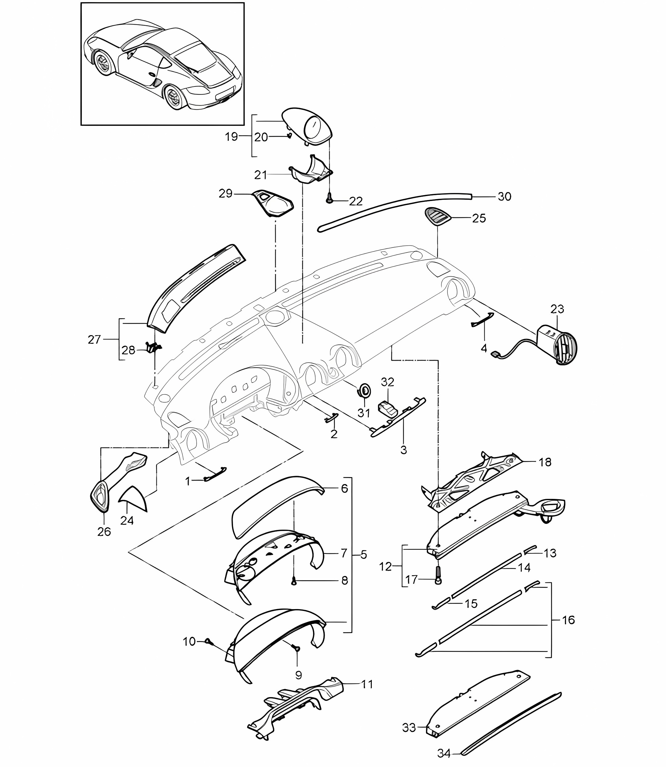 Instrument panel trim / Upper part with: Accessories 987C.2 Cayman 2009-12