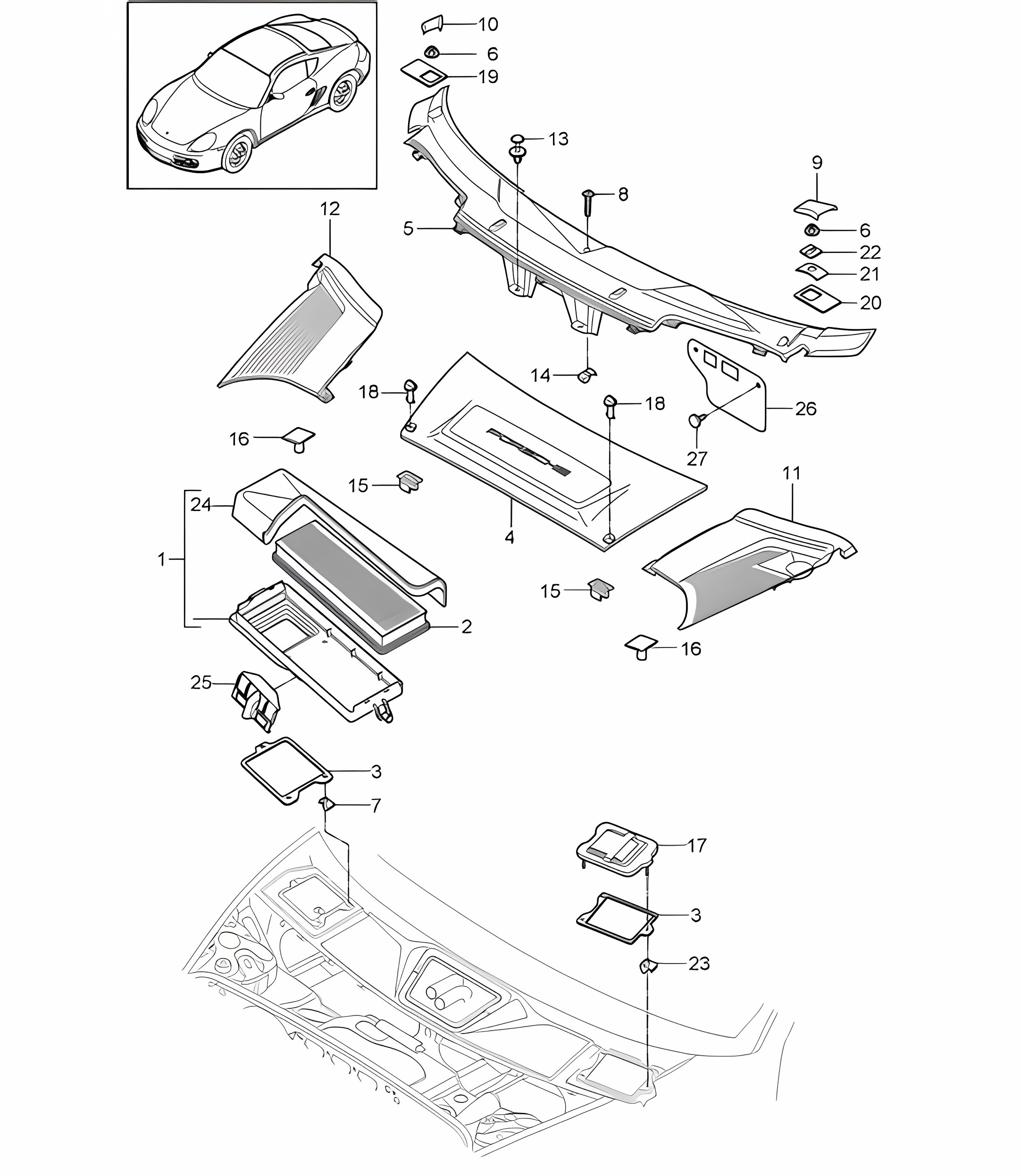 Particulate filter / Cowl panel covering 987C.2 Cayman 2009-12
