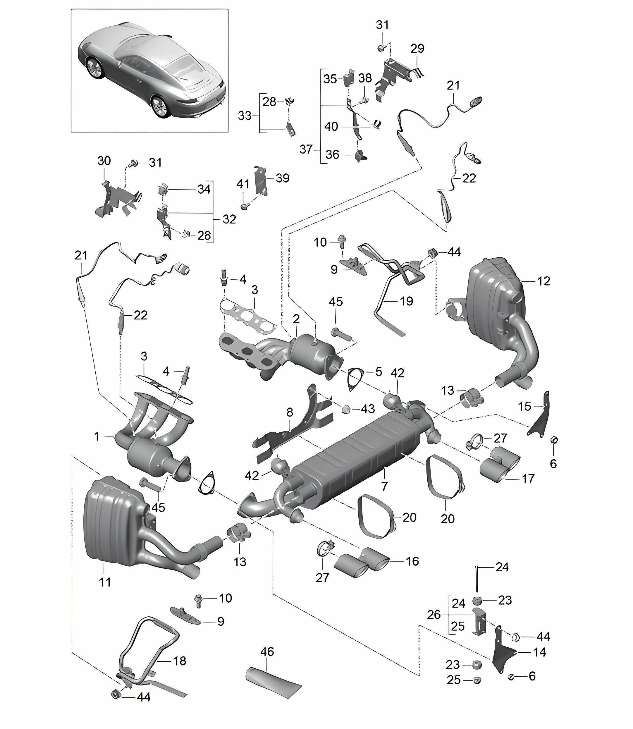 Exhaust system - A103, A104 - 991.1 3.4L and 3.8L 2012-16