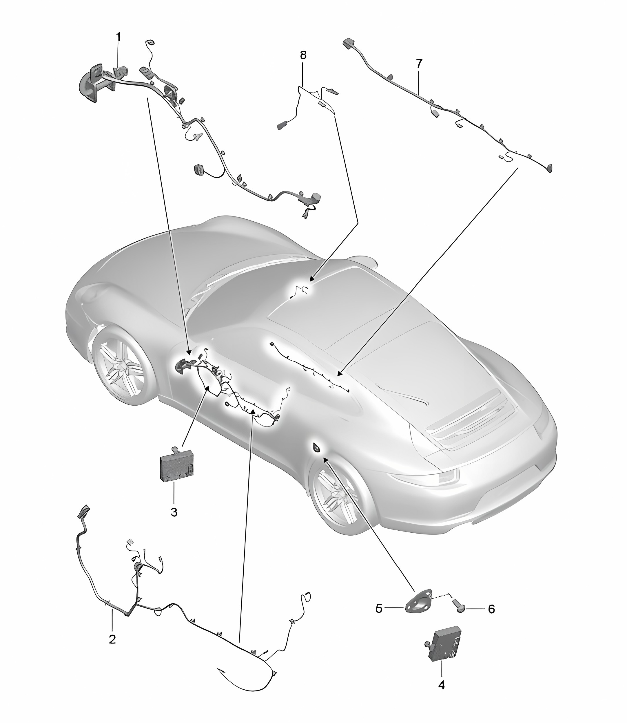 Wiring looms doors / Centre console / Glove box / Control units doors / Convertible top control 991.1 2012-16