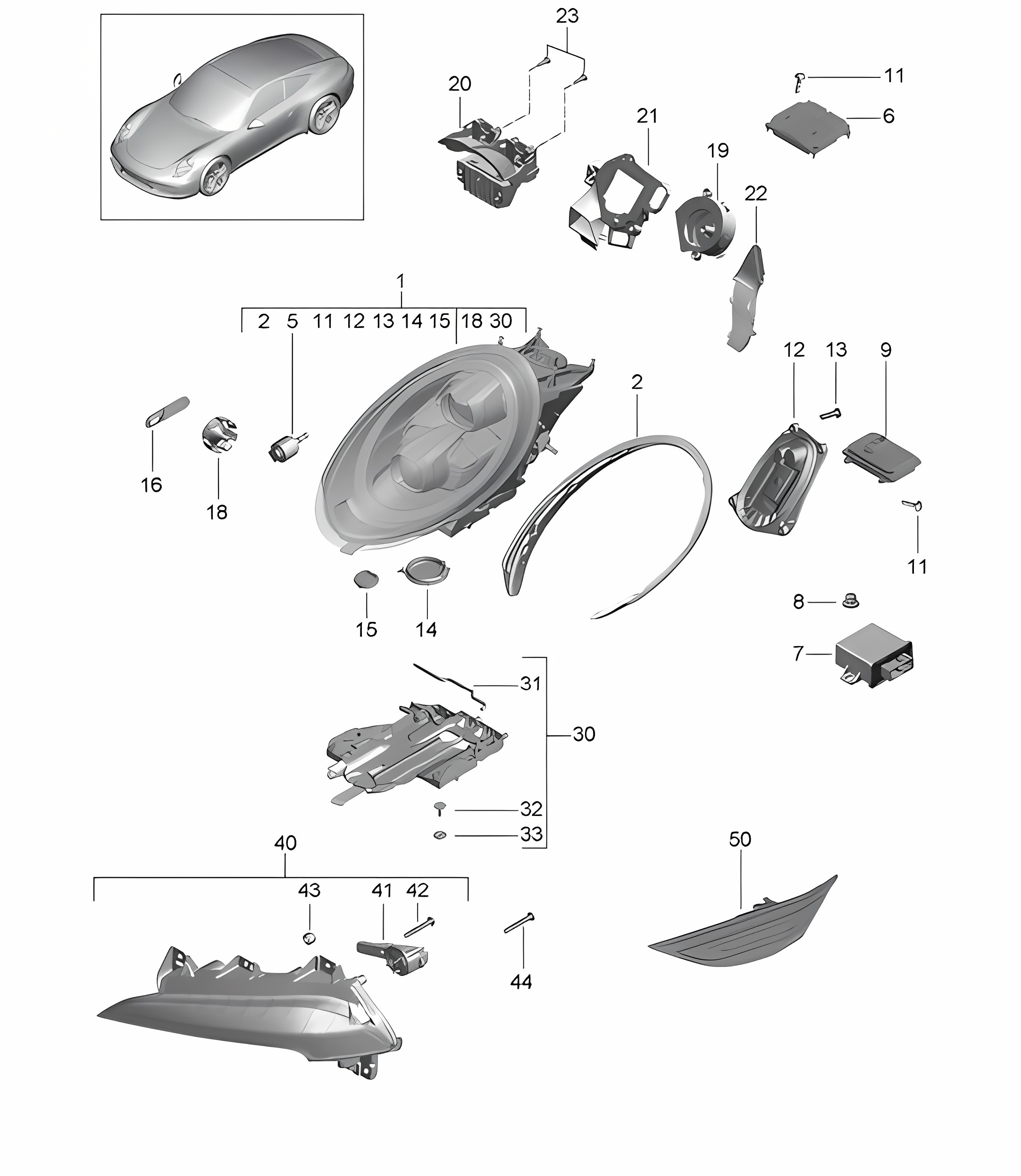 LED Headlights / Additional headlight / Turn signal indicator /side marker light / Turn signal repeater (PR: 602, XEY) 991.1 2012-16