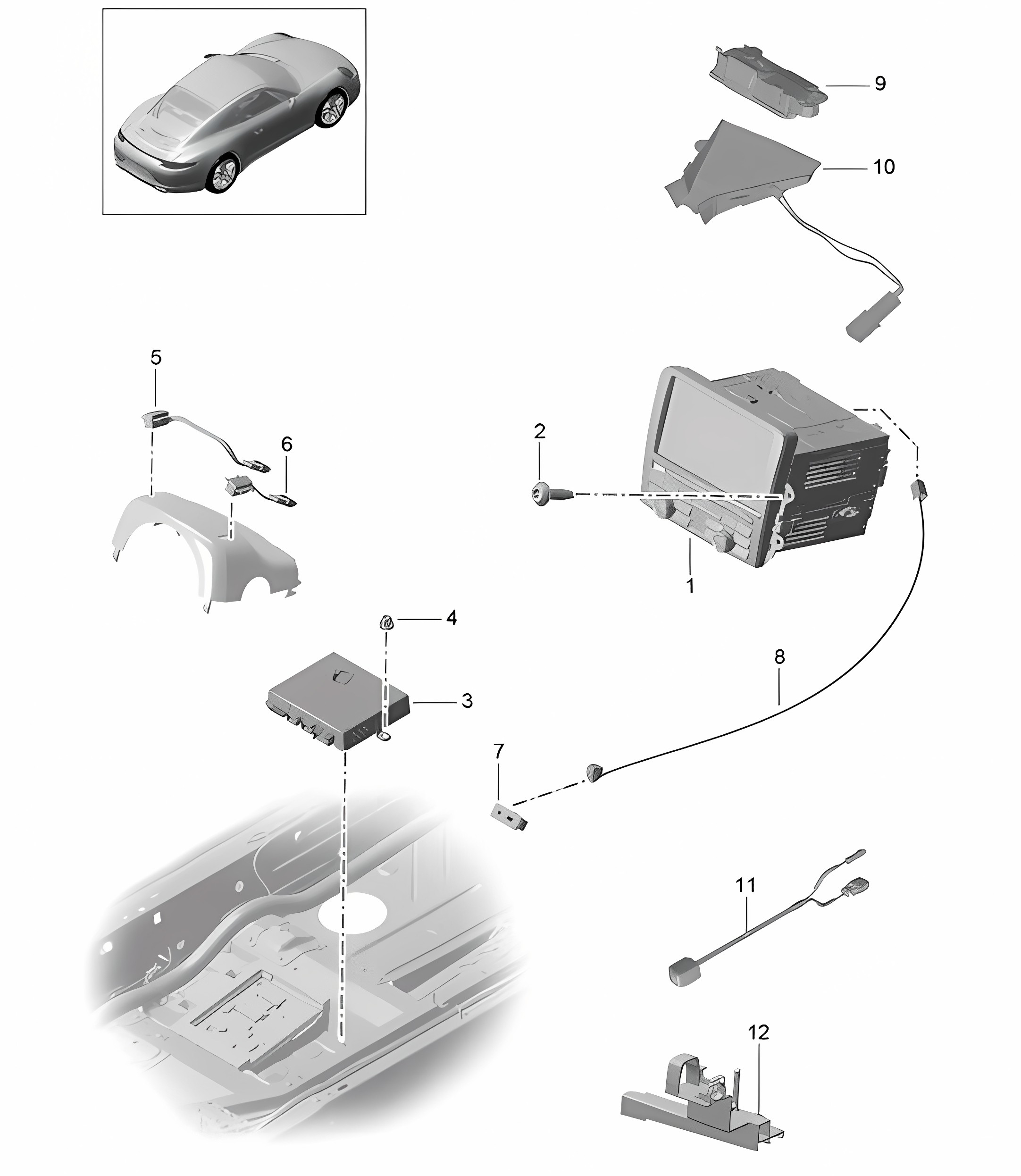 Control panel / Navigation system / Radio unit / Receiving part / TV / microphone 991.1 2012-16