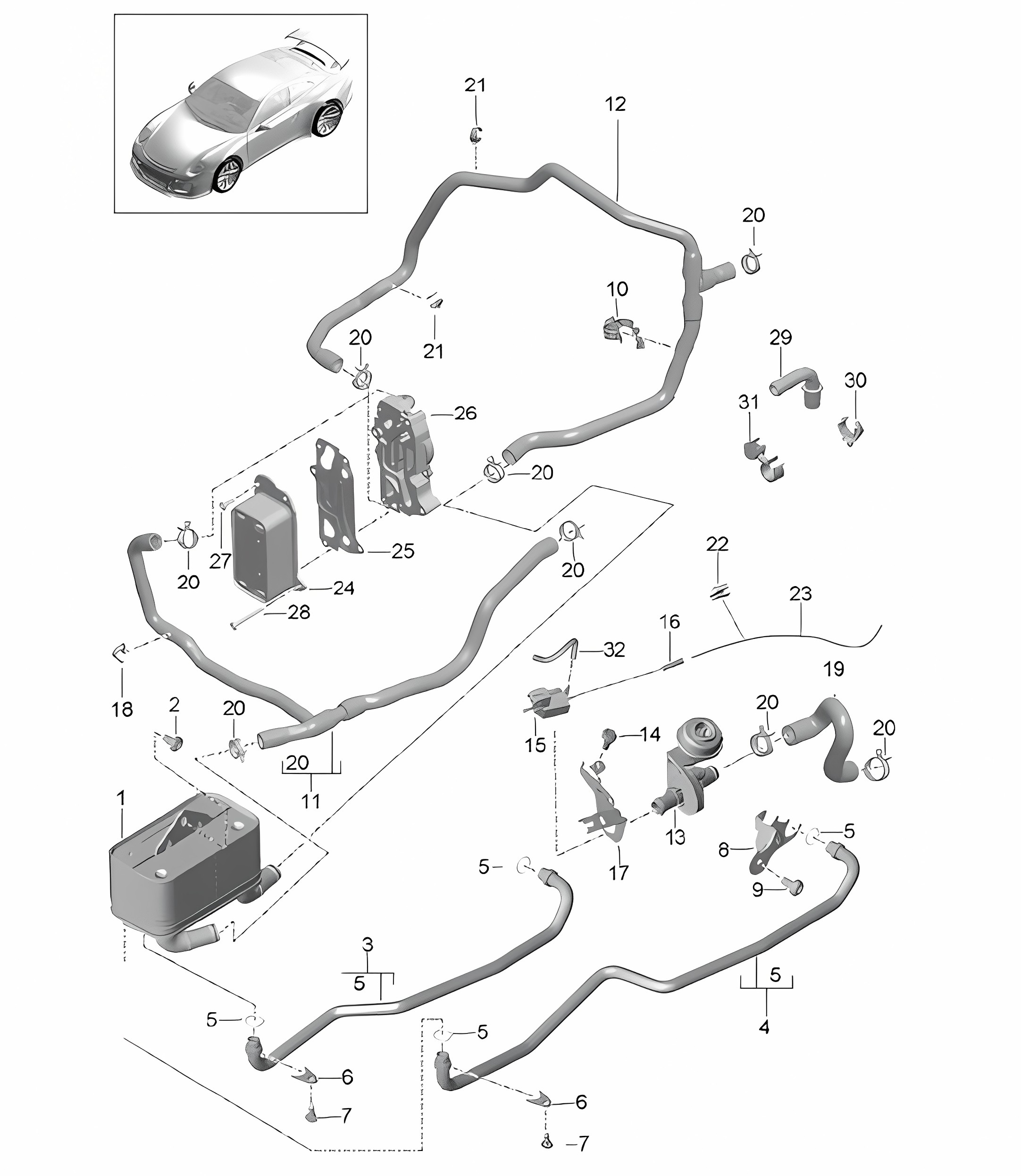 - PDK - Gearbox / Heat exchanger / Oil pipe / Water pipe (Model: CG190,CG192,CG195) 991 R/GT/GT3 2014-21