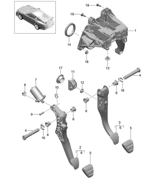 Diagram 702-002 Porsche 997 MK1 GT3 / GT3 RS 2007-09 Hand Lever System, Pedal Cluster 
