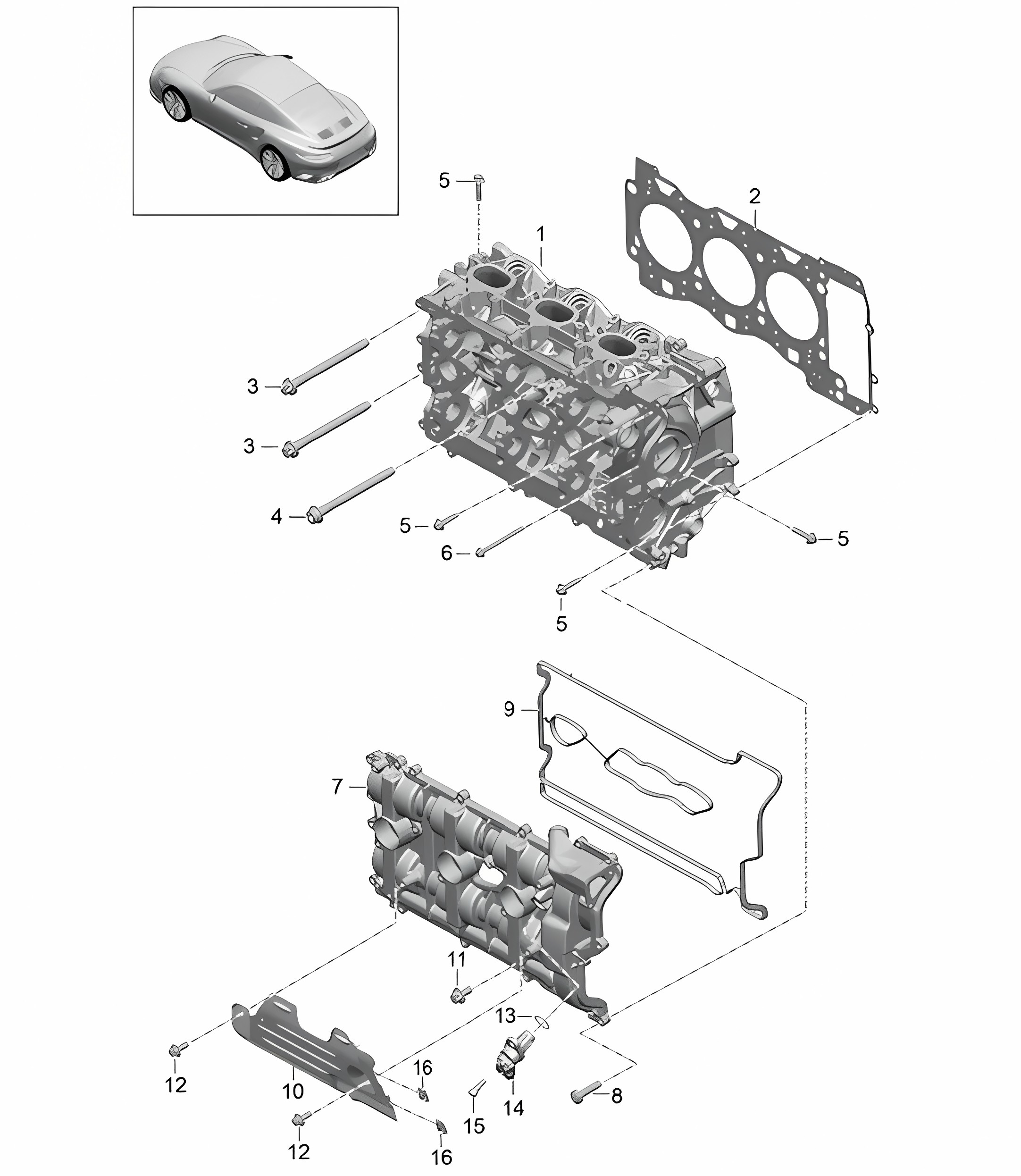 Cylinder head with: Valves / Cylinder head gasket / Valve cover 991 Turbo / GT2 RS 2014-20