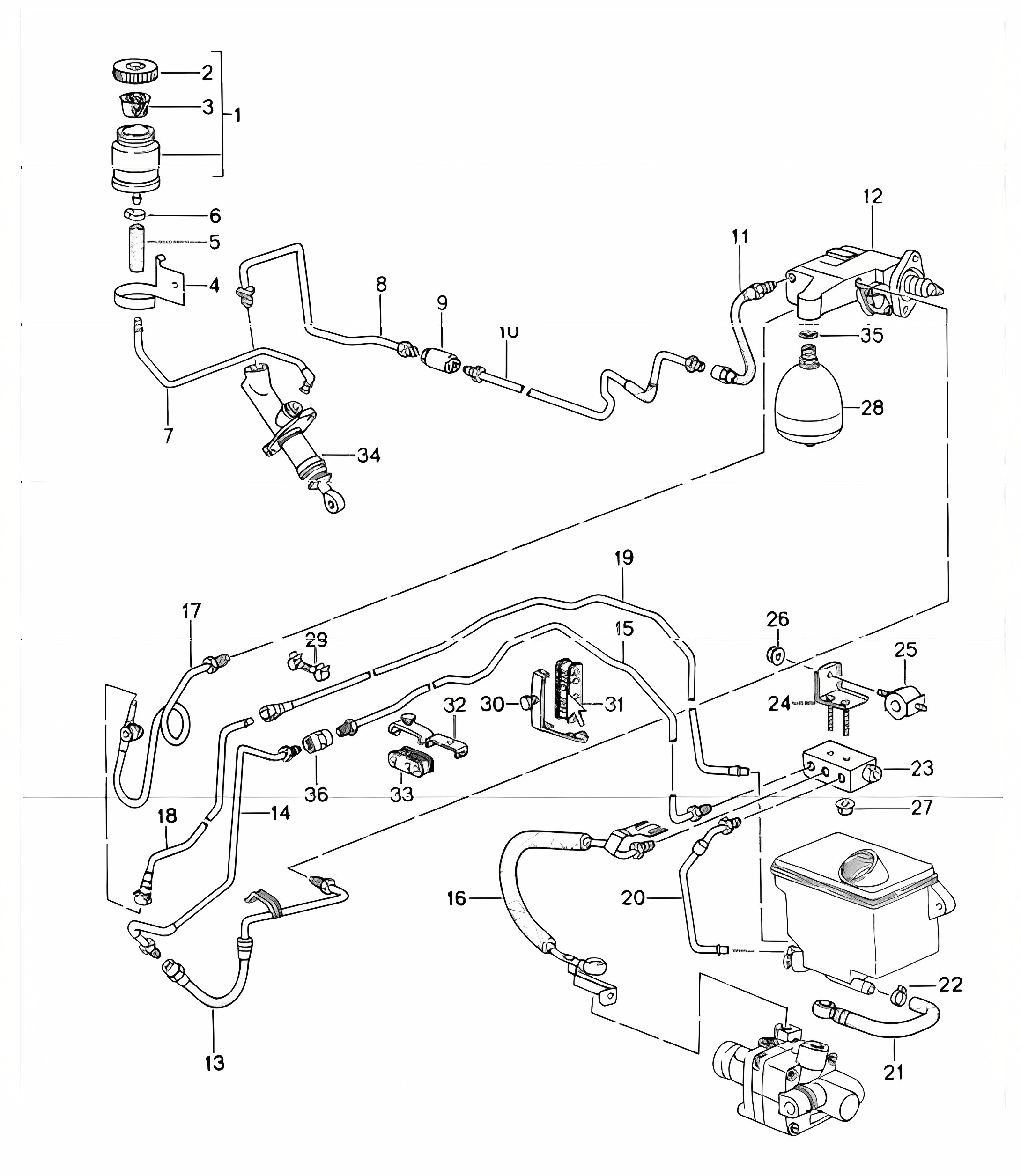 clutch actuation, clutch master cylinder clutch, operating cylinder, pressure accumulator, lines and container 993 TURBO 1994-98