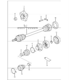 arbre de transmission et moyeu de roue pour 996 M480 (boîte 6 vitesses) F 992S6 03556>>, F 992S6 42148>>, F 992S6 30714>> et 996 M249 (Tiptronic) F 992S6 03623>>, F 992S6 42182>>, F 992S6 30737>>
