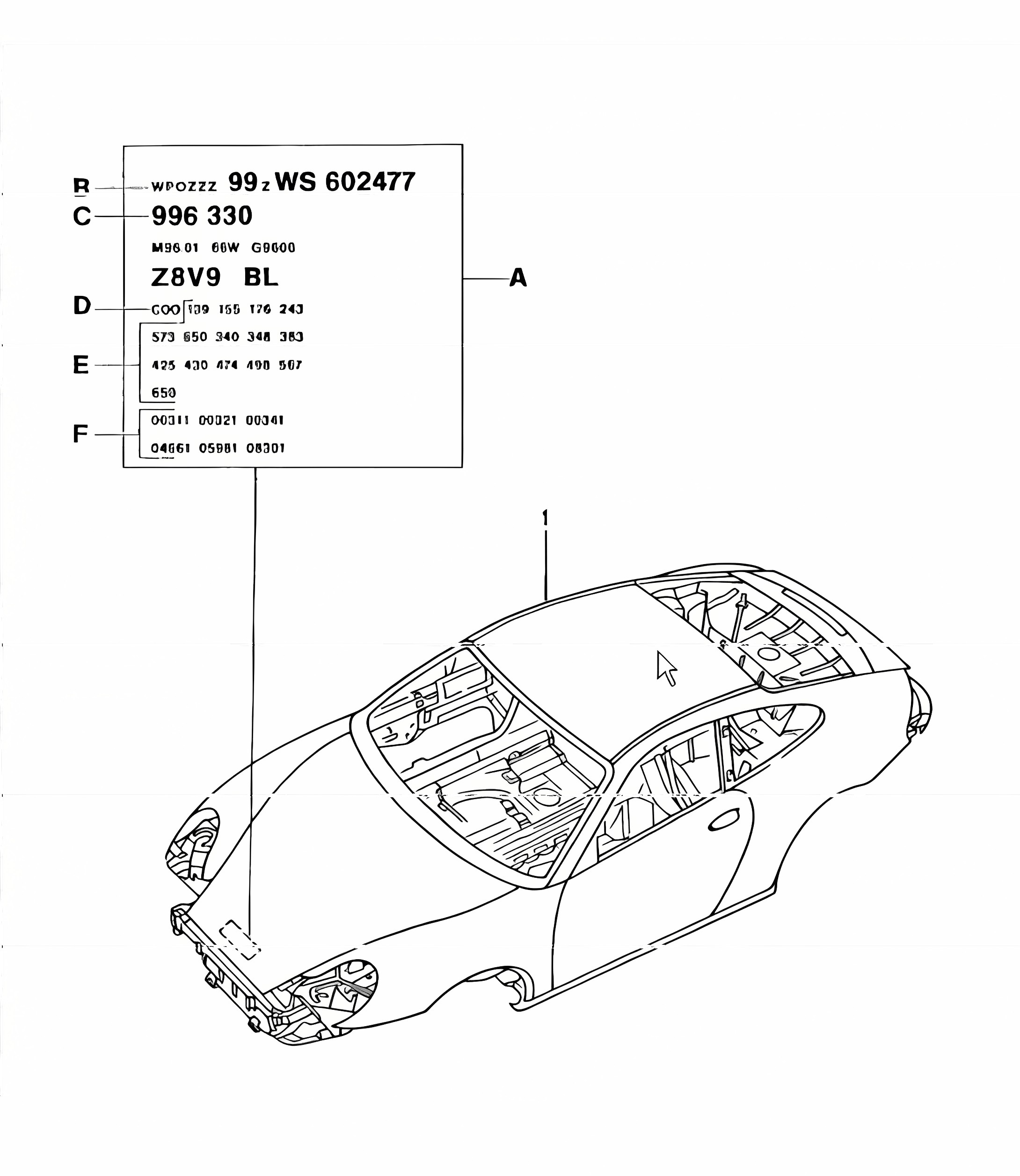 body in white (prime coated sealed with underbody protection with doors/lids/wings) 996 1998-05