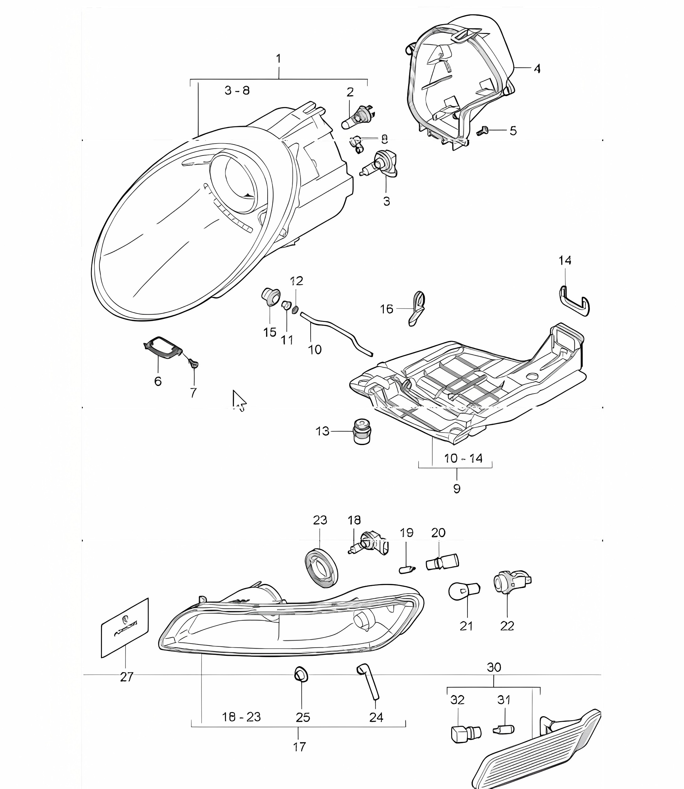 headlamp, additional headlamp, direction indicator light 997.1 2005-08