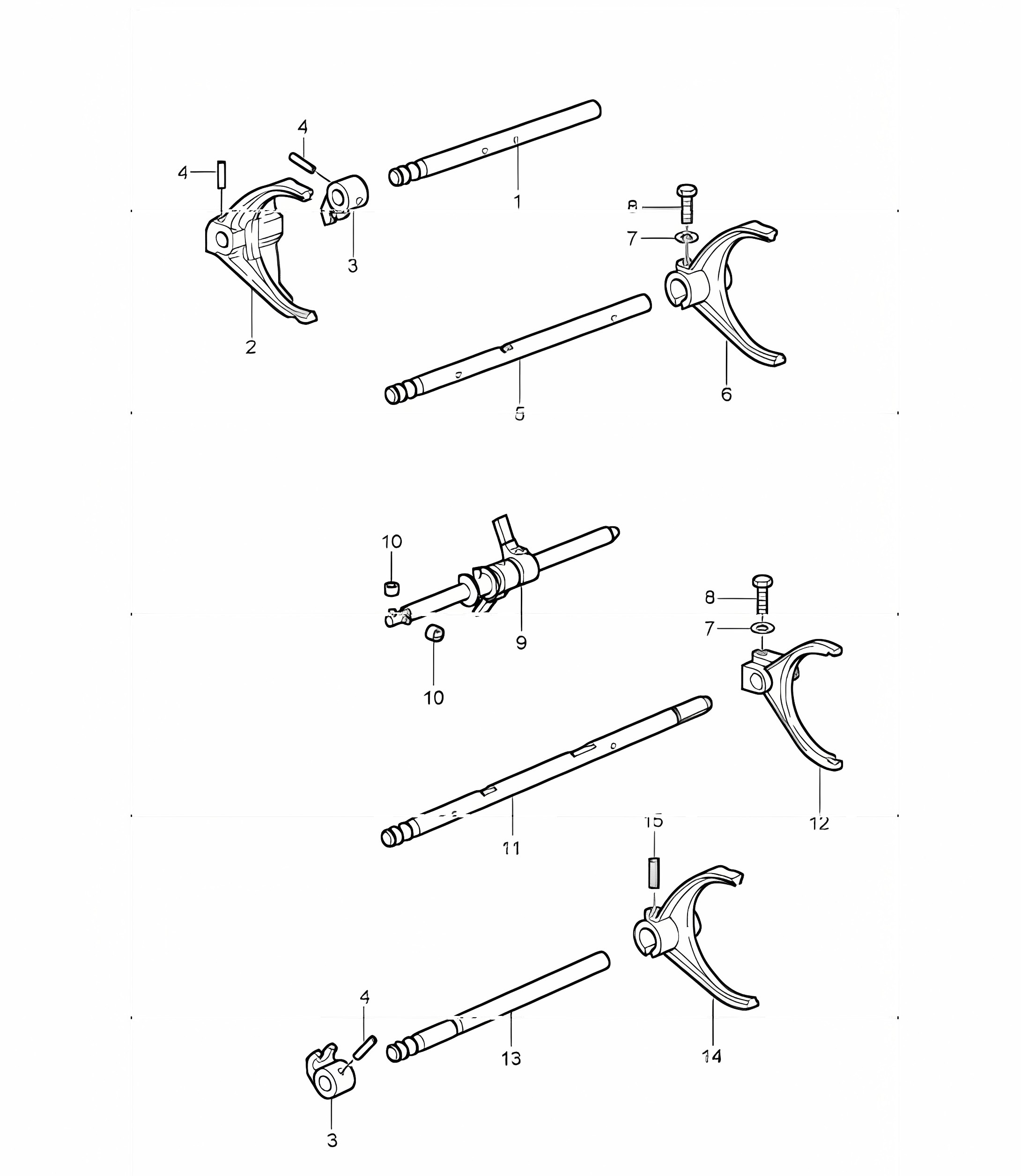 gear shift, rod shift fork and shift rod for 996 GT3-1 G96.90 2000-01, 996 GT3-1 G96.93 2001 and 996 GT3-1 G96.96 2004-05