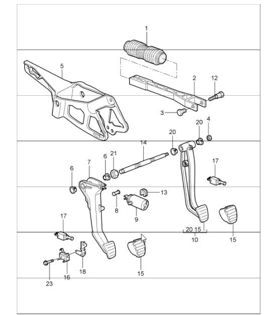 Diagram 702-00 Porsche 996 (911) (1997-2005) Hand Lever System, Pedal Cluster 