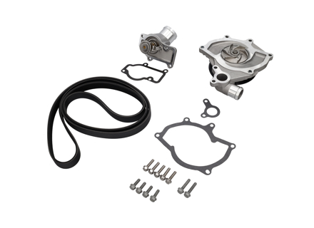 Wasserpumpensatz mit Riemen und Thermostat. Porsche Boxster 986 / 996 mit Klimaanlage (ohne Turbo) - 99610601155, 996.106.11.55, 99610601156, 99610601157, 99610215166, 99610632650, 99610601360, 99610601151, 99610601153, 99610601154, 99610601361