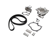 Water pump kit with belt and thermostat. Porsche Boxster 986 / 996 With A/C (non Turbo) - 99610601155, 996.106.11.55, 99610601156, 99610601157, 99610215166, 99610632650, 99610601360, 99610601151, 99610601153, 99610601154, 99610601361