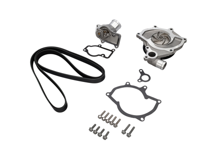 Water pump kit with belt and thermostat. Porsche Boxster 986 / 996 Without A/C (non Turbo) - 99610601155, 996.106.11.55, 99610601156, 99610601157, 99610215165, 99610632650, 99610601360, 99610601151, 99610601153, 99610601154, 99610601361