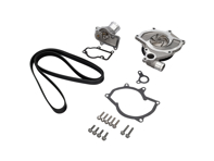Water pump kit with belt and thermostat. Porsche Boxster 986 / 996 Without A/C (non Turbo) - 99610601155, 996.106.11.55, 99610601156, 99610601157, 99610215165, 99610632650, 99610601360, 99610601151, 99610601153, 99610601154, 99610601361