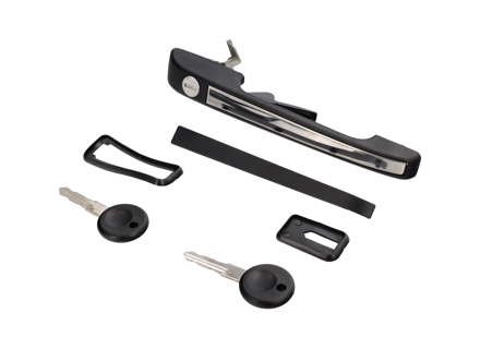 Door handle. Porsche 924S / 944 includes keys, black and chrome insert - 94453890500, 94453890600, 477837037H, 477837038H, 94453890503, 94453890603