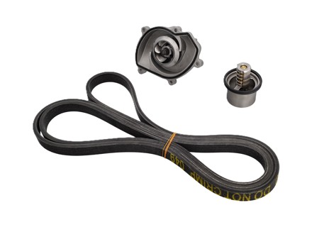 Water Pump, Belt & Thermostat Insert Kit. Porsche 957 Cayenne S / GTS / Turbo - 94810603301, 94810612500, 94810612501, 7PP903137, 95510225100