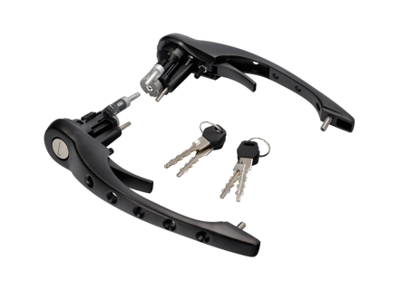 Juego de manilla de puerta perforada en NEGRO (Con cilindro de cerradura y llaves). Porsche 911 1977-89 / 964 1989-94 - 91153894101, 91153894103, 91153894107, 91153894100, 94453894102, 91153894106, 91153894201, 91153894203, 91153894207, 91153894200, 94453894202, 91153894206 - 1687101310